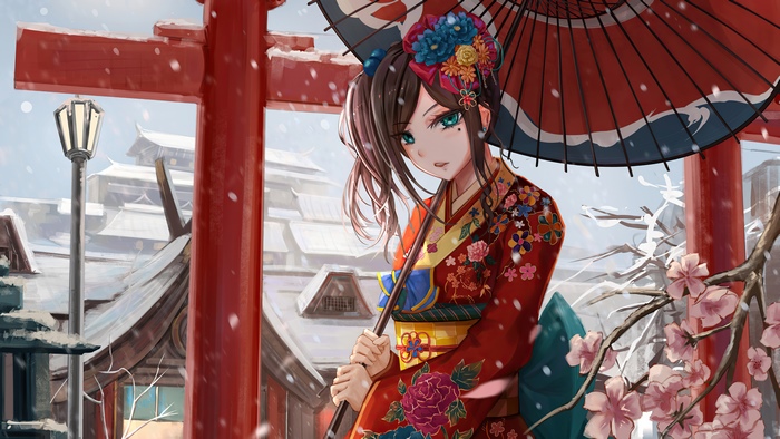 Anime girl in kimono with umbrella in snow