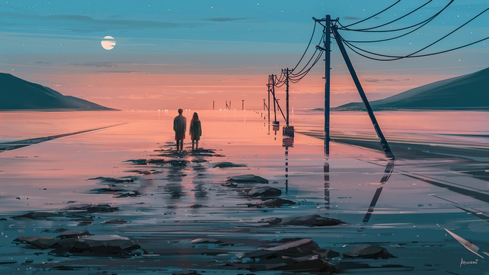 Couple walking on flooded road with power lines at sunset