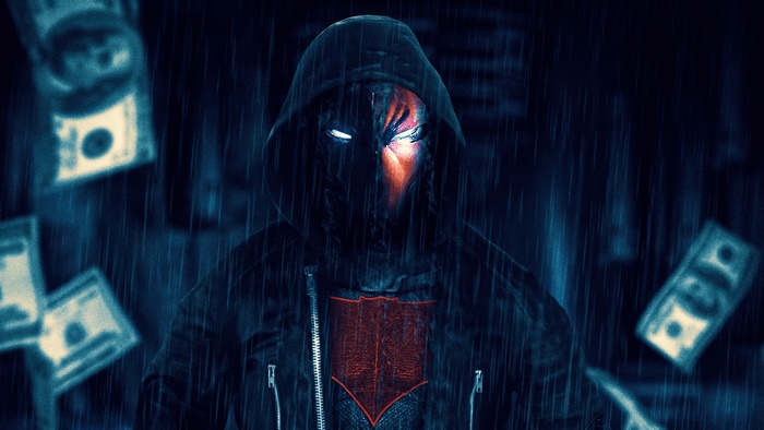 Red Hood in the rain with falling money