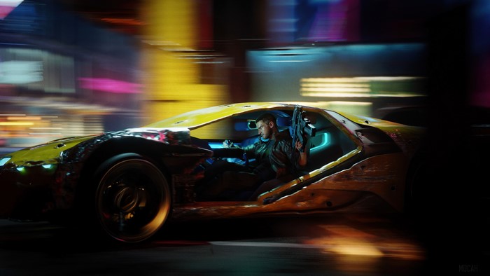 Man driving a futuristic car in Cyberpunk 2077