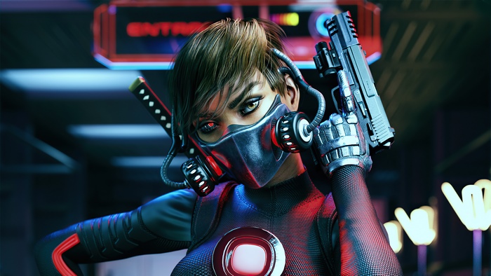 Sci-fi woman with gun and katana