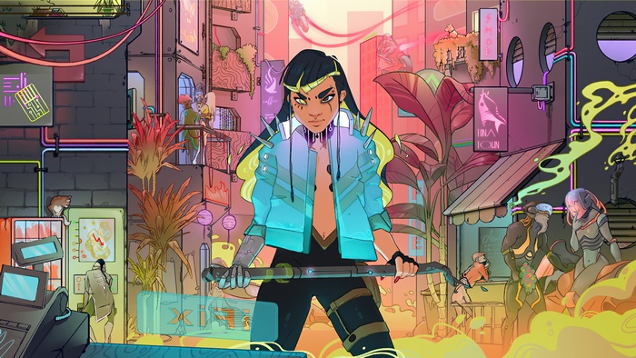 Cyberpunk 2077 art with a woman holding a staff