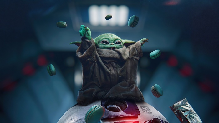 Baby Yoda from Star Wars juggling macarons