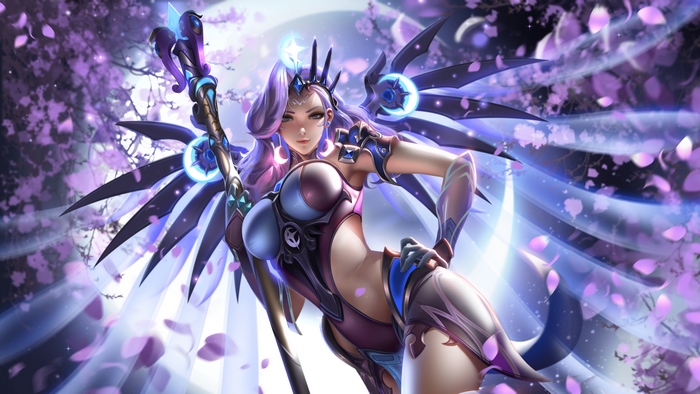 Mercy from Overwatch with purple wings and staff