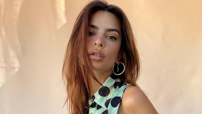 Emily Ratajkowski wearing a polka dot top