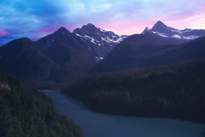 Mountains and lake at sunset
