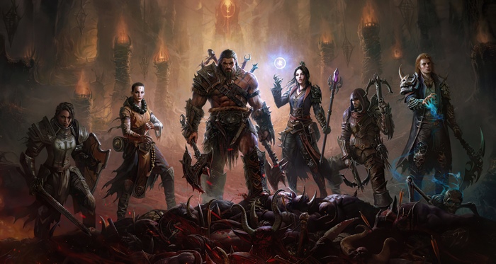Diablo Immortal characters in a dark cavern
