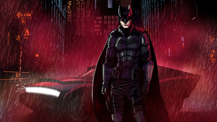 Batman in a rainy city street with his car