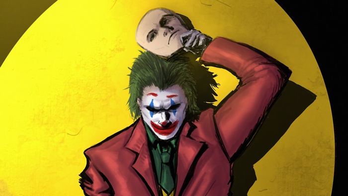 Joker holding a mask over his head