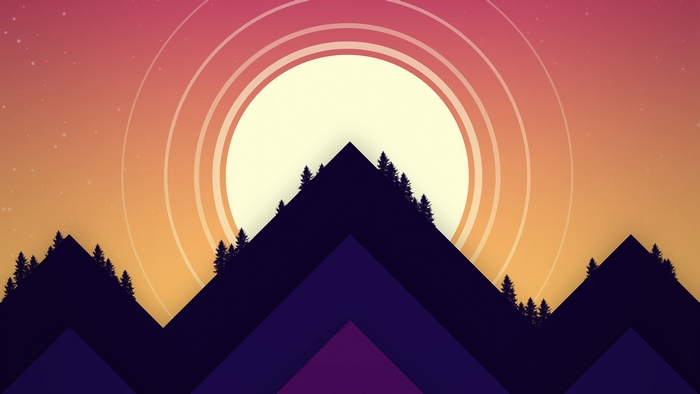 Minimalist abstract landscape with mountains and sun