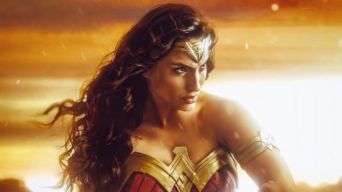Wonder Woman in a golden, fiery landscape