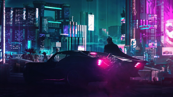 The Batman driving the Batmobile in a cyberpunk city