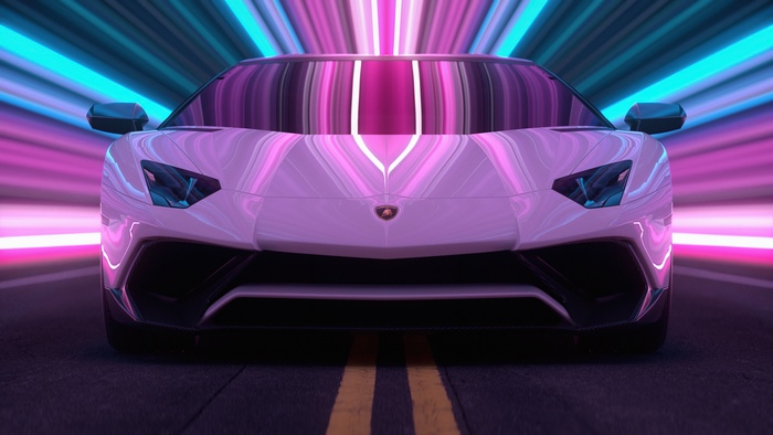 White Lamborghini Aventador on a neon-lit road