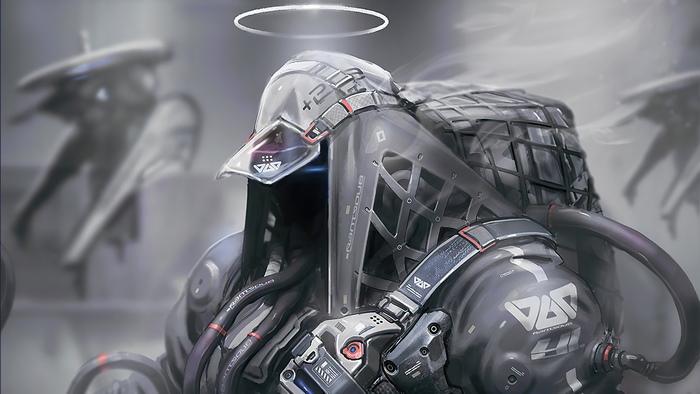 Robot with halo and futuristic armor