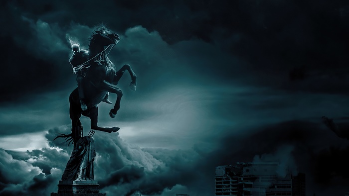 Warrior on a rearing horse statue over a ruined city