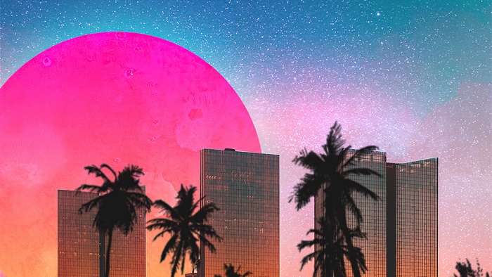 Pink Moon over Cityscape with Palm Trees