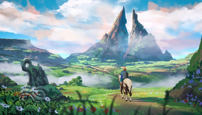 Link from The Legend of Zelda on horseback in a mountain landscape 4K