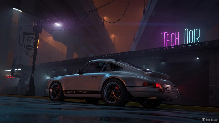 Porsche 911 in a neon-lit city at night
