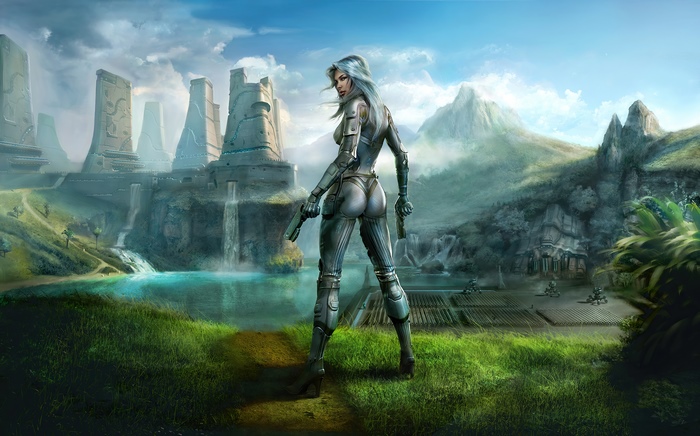 Woman in futuristic suit with guns in alien landscape