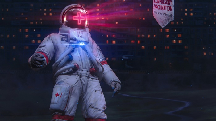 Astronaut with red cross helmet and vaccination sign