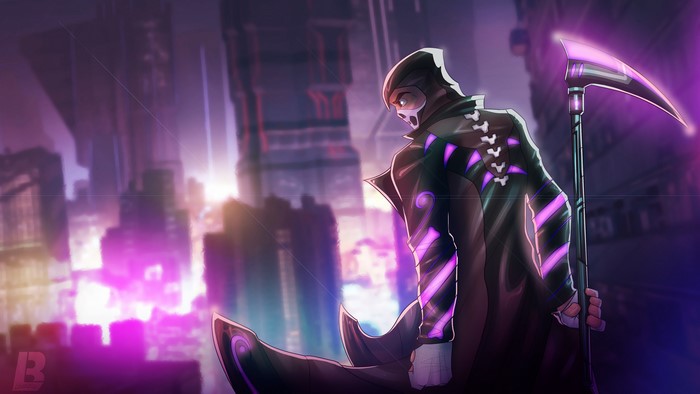 Grim Reaper with Skull Mask and Scythe in Neon City