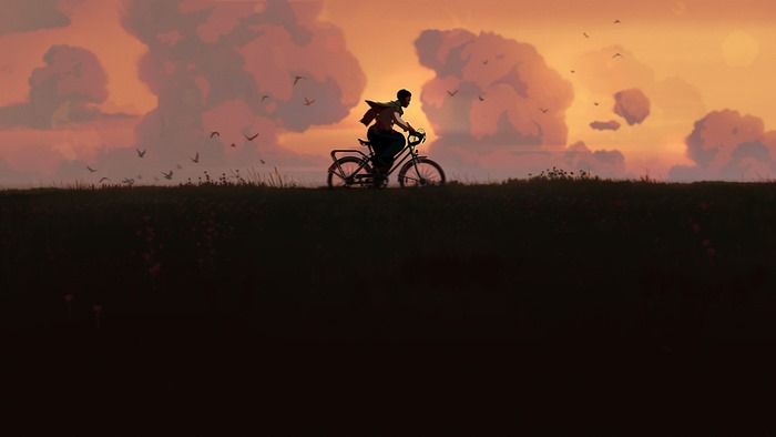 Person riding a bicycle at sunset with birds flying