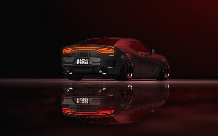 Dodge Charger with custom license plate in artistic lighting