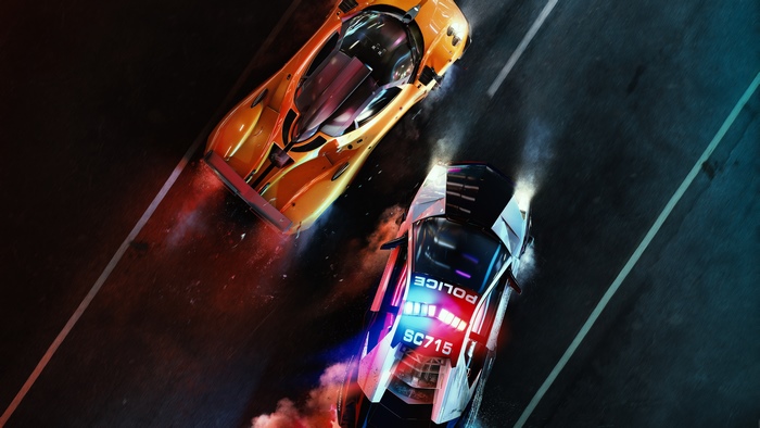 Need for Speed game screenshot with police car chasing a sports car