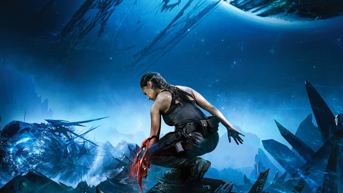 Woman with red claw in a futuristic landscape 4K