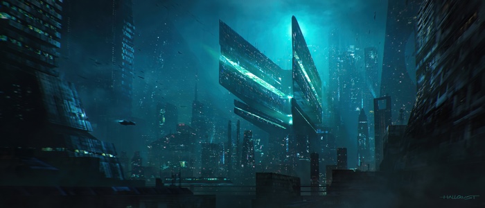 Sci-fi city with futuristic architecture and flying vehicles