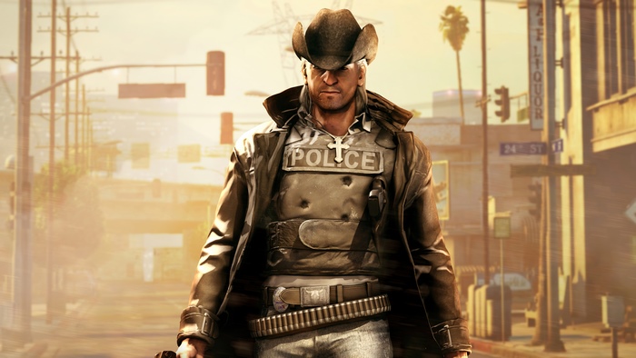 Man in cowboy hat and police vest in city