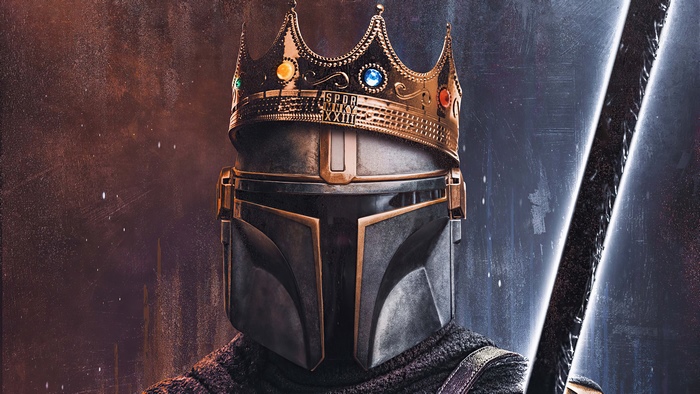 The Mandalorian wearing a crown and holding a dark saber