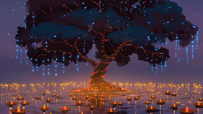 Digital art of a tree with lights and lanterns