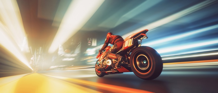 Cyberpunk 2077 motorcycle racer in motion