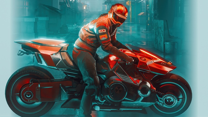 Cyberpunk 2077 motorcycle rider in neon city