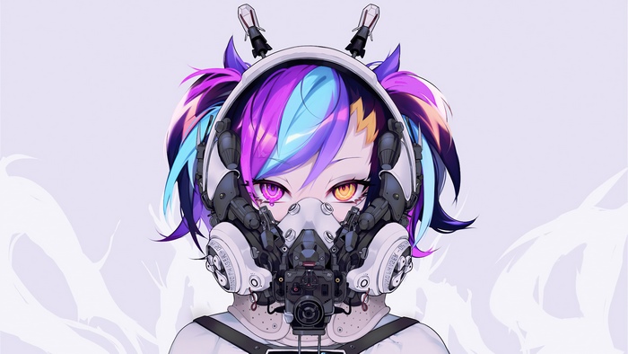 Sci-fi artwork of a girl with headphones and gas mask