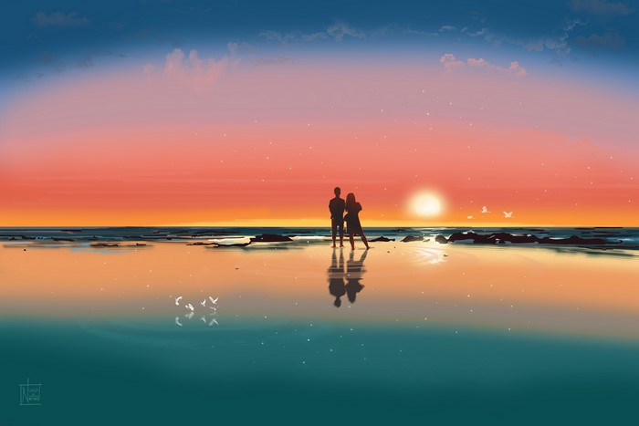 Couple watching sunset on beach artwork