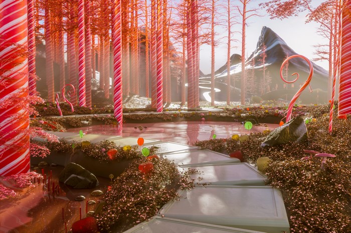 Candy forest with lollipop trees and a pink river