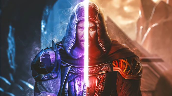 Star Wars character with dual lightsabers