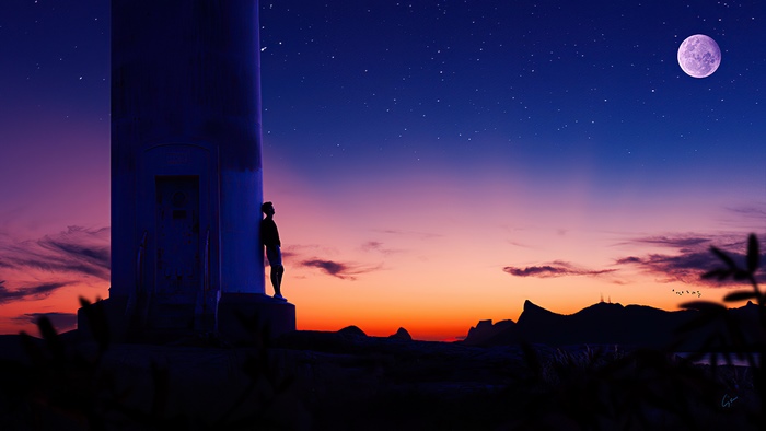 Man leaning on lighthouse under starry sky with moon
