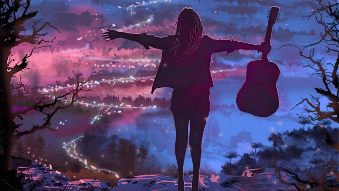 Silhouette of a person with a guitar