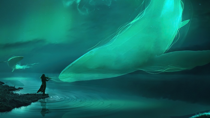 Fantasy artwork of a woman playing violin for glowing whales