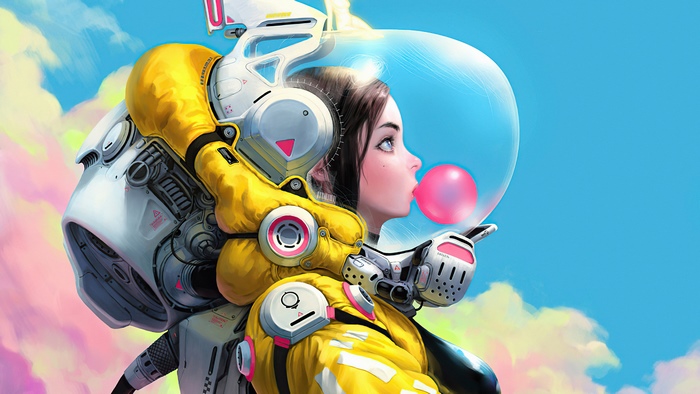 Astronaut girl blowing bubble gum in space suit