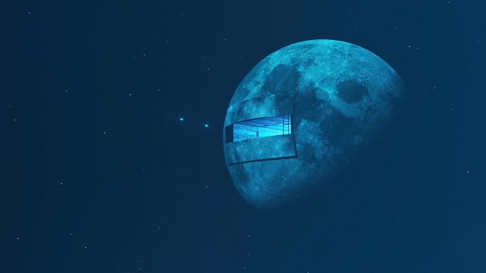 Digital art of a moon with a window in space