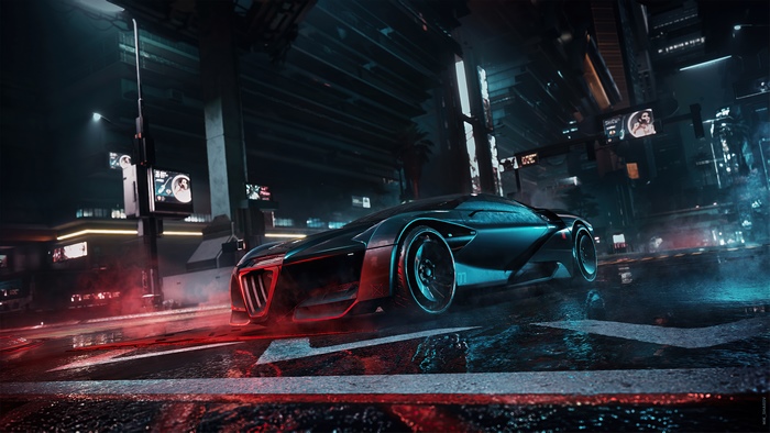 Cyberpunk 2077 futuristic car in neon city