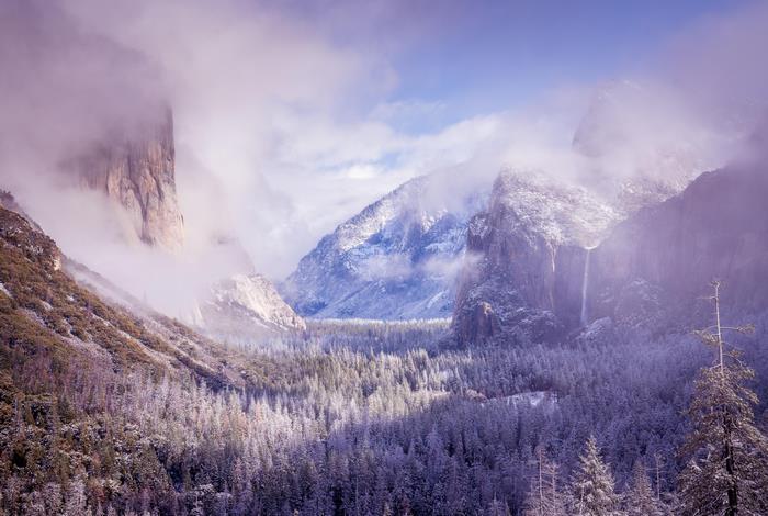 Yosemite Valley in winter with fog and snow