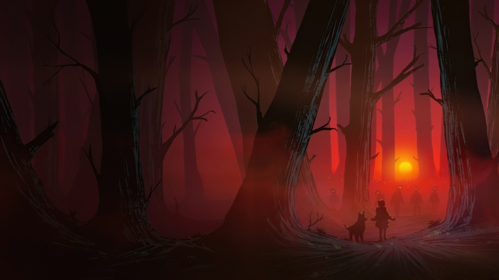 A girl and dog in a dark forest with glowing figures