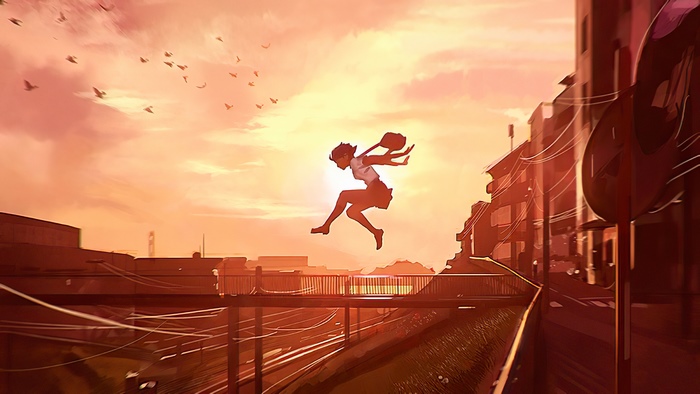 Anime girl jumping over train tracks at sunset