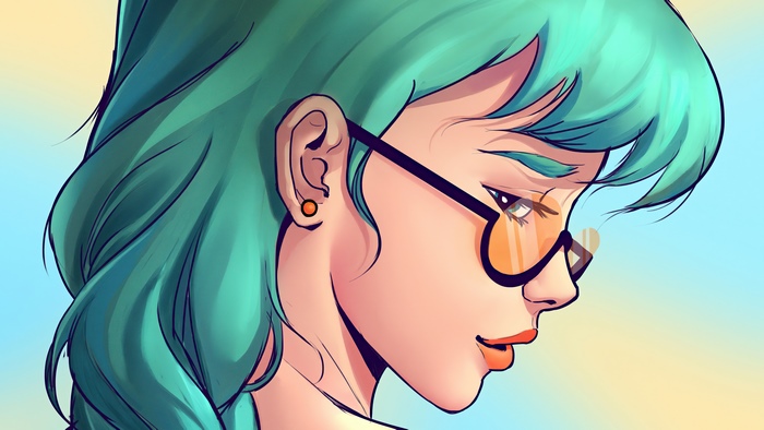 Illustration of a woman with teal hair wearing glasses