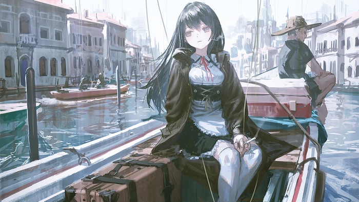 Anime girl smoking on a boat in Venice